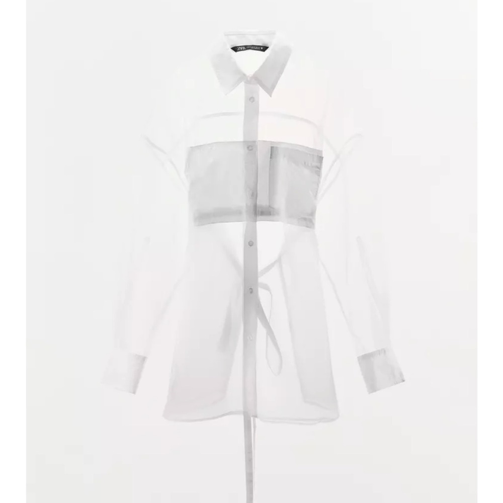 Zara White Sheer Button-Up Blouse with Chest Panel